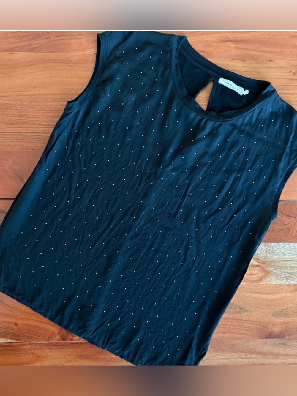 Sandro Black Muscle Tee with Studded Woven Front